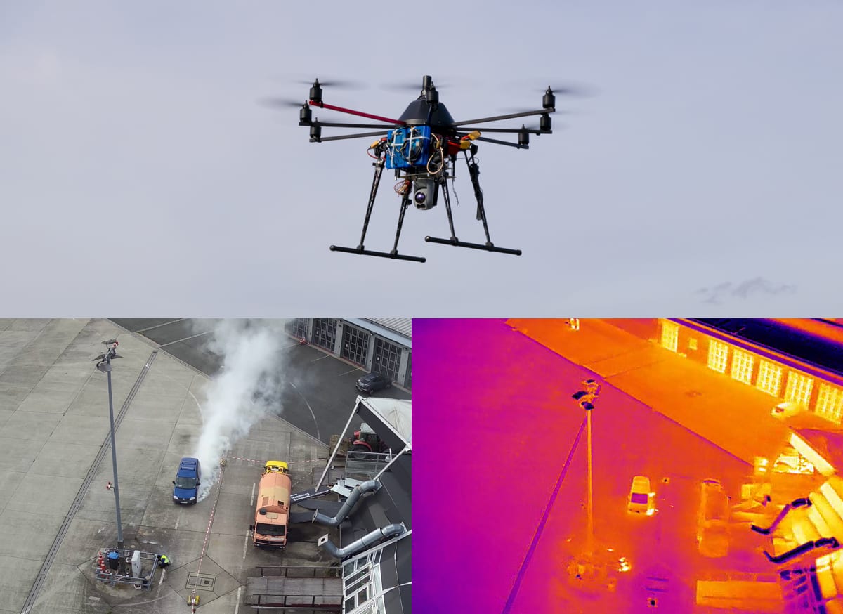 A drone plus its viewpoint in normal and thermal vies